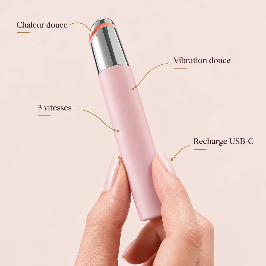 Edit the reference image only by adding a premium annotation overlay. Keep the pink Stylo Regard Lis
