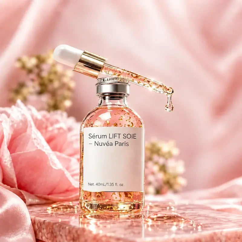 Flacon de Sérum Lift Soie Nuvéa Paris sur un socle rose