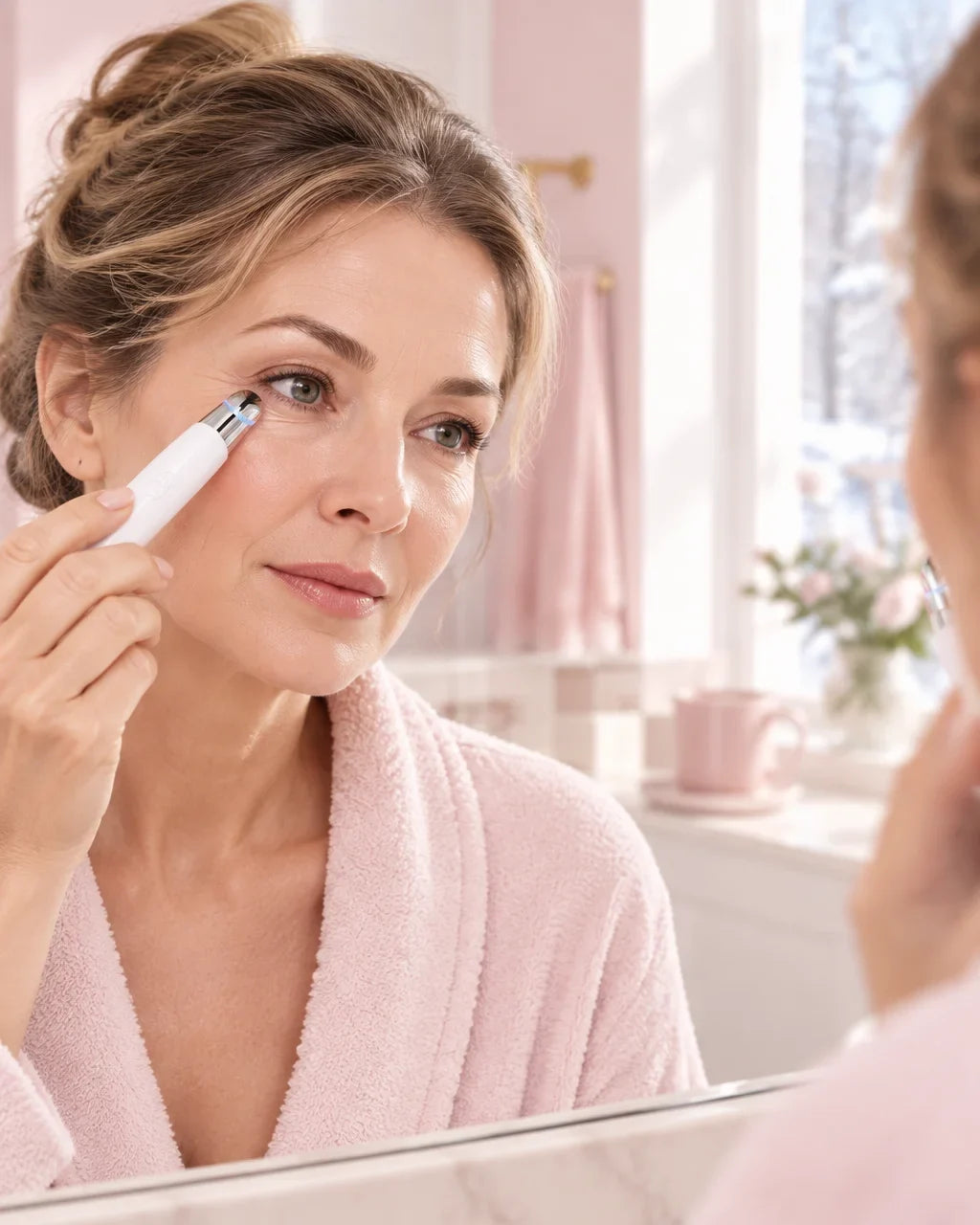 Routine du matin avec le Stylo Regard Lisse devant un miroir
