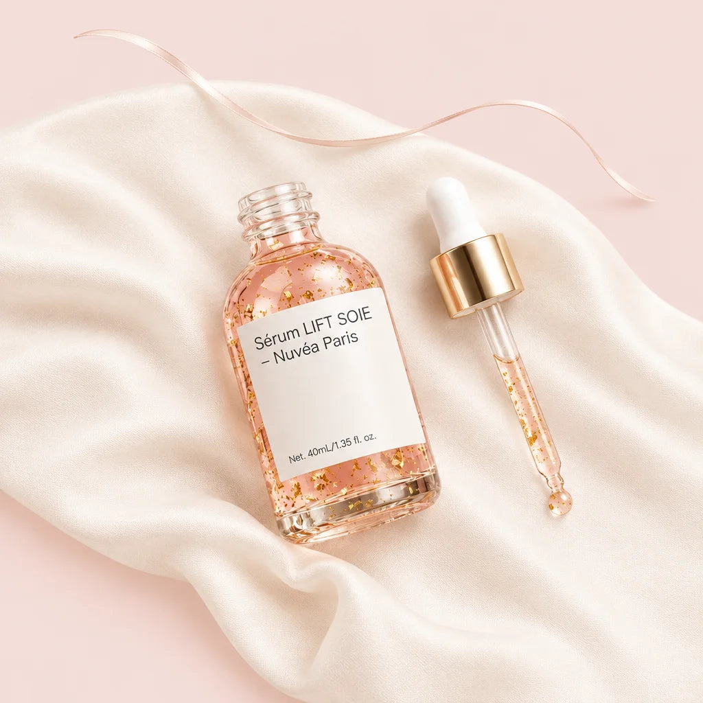 A top-down studio photograph of the exact Nuvéa Paris Sérum LIFT SOIE bottle in reference r14: trans