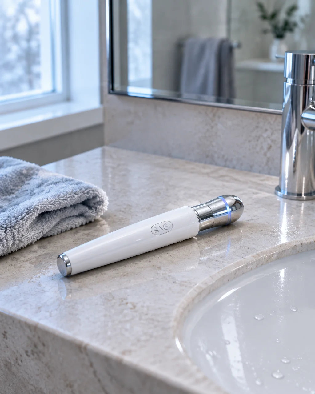 A quiet photograph of the exact white massage pen from the reference, smooth narrow handle and round