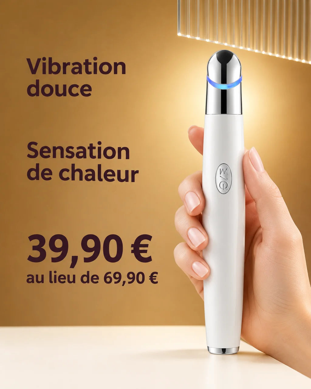 A graphic poster built on a studio photograph of the exact white massage pen from the reference, sli
