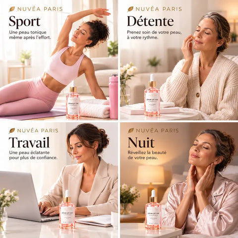 Montage de quatre portraits de femmes autour du sérum.