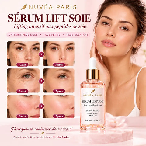 Sérum Lifting Peptide de Soie présenté à côté d’un portrait de femme et d’encadrés explicatifs.