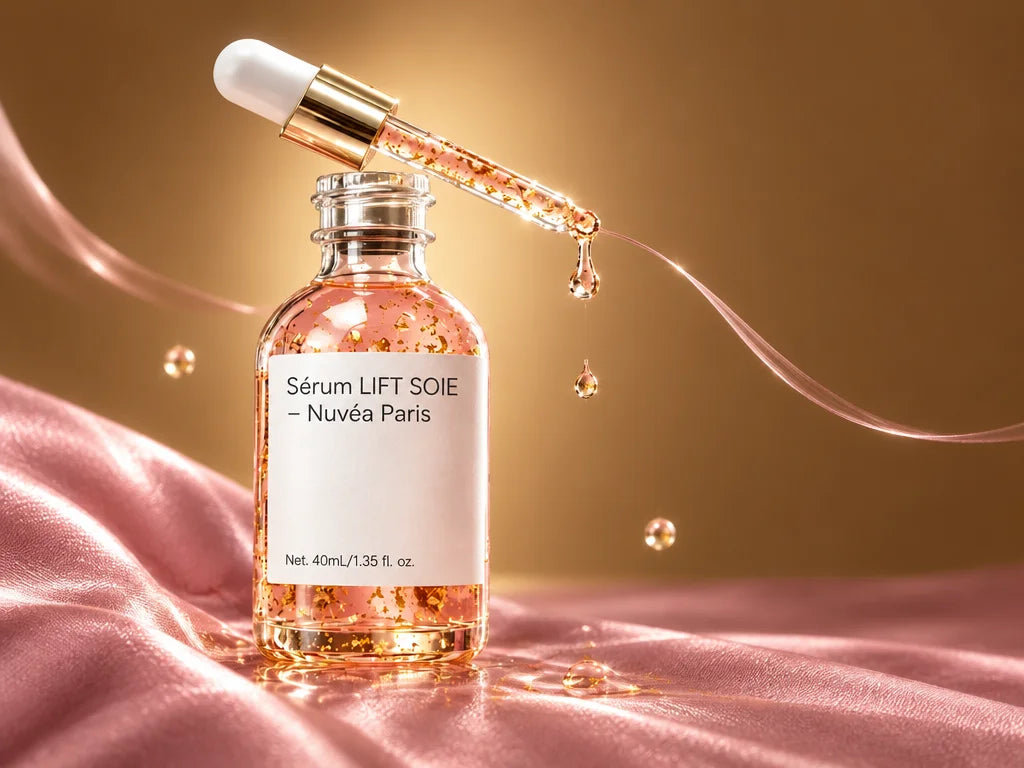 A studio photograph of the exact Nuvéa Paris Sérum LIFT SOIE bottle in reference r14: a small 40 ml