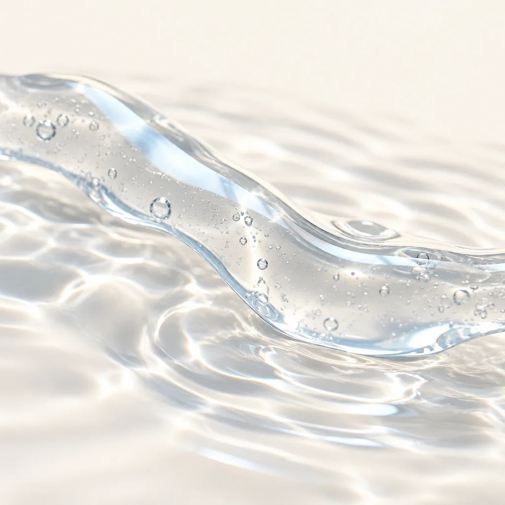 A macro photograph of a single clear, softly viscous strand of gel resting across rippling water, wi