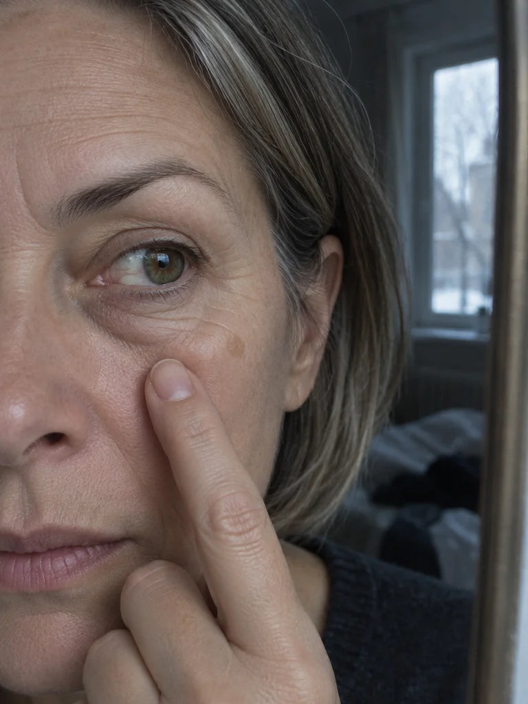 A close macro photograph of the left eye area and upper cheek of a 58-year-old French woman with fai
