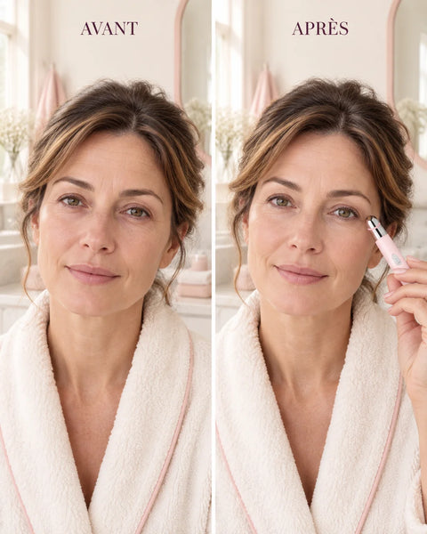 Create a premium, realistic before-and-after beauty diptych in a 4:5 portrait composition, presented
