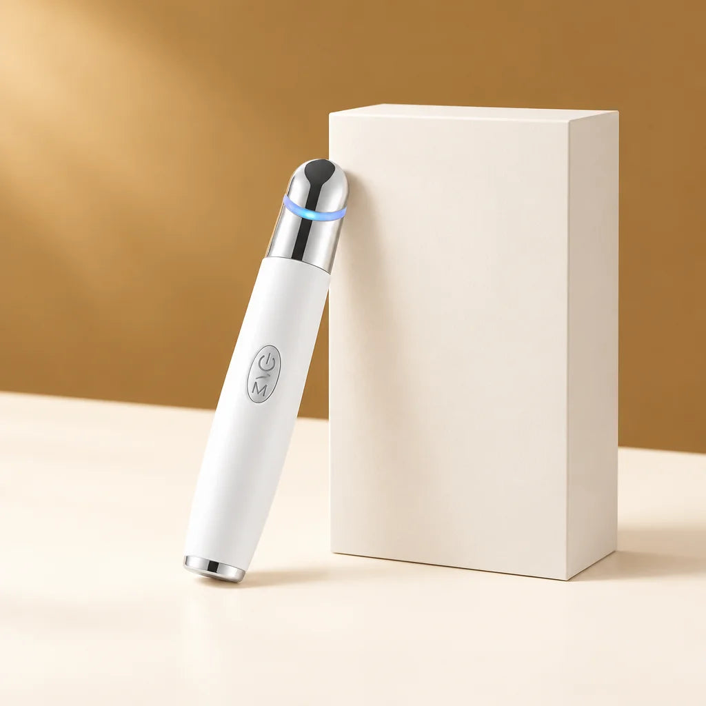 Photo de produit premium avec sa boîte neutre et élégante, Stylo Regard Lisse posé à côté sur une su