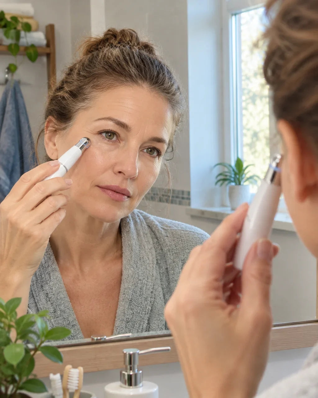 Cliente utilisant le Stylo Regard Lisse dans sa salle de bains